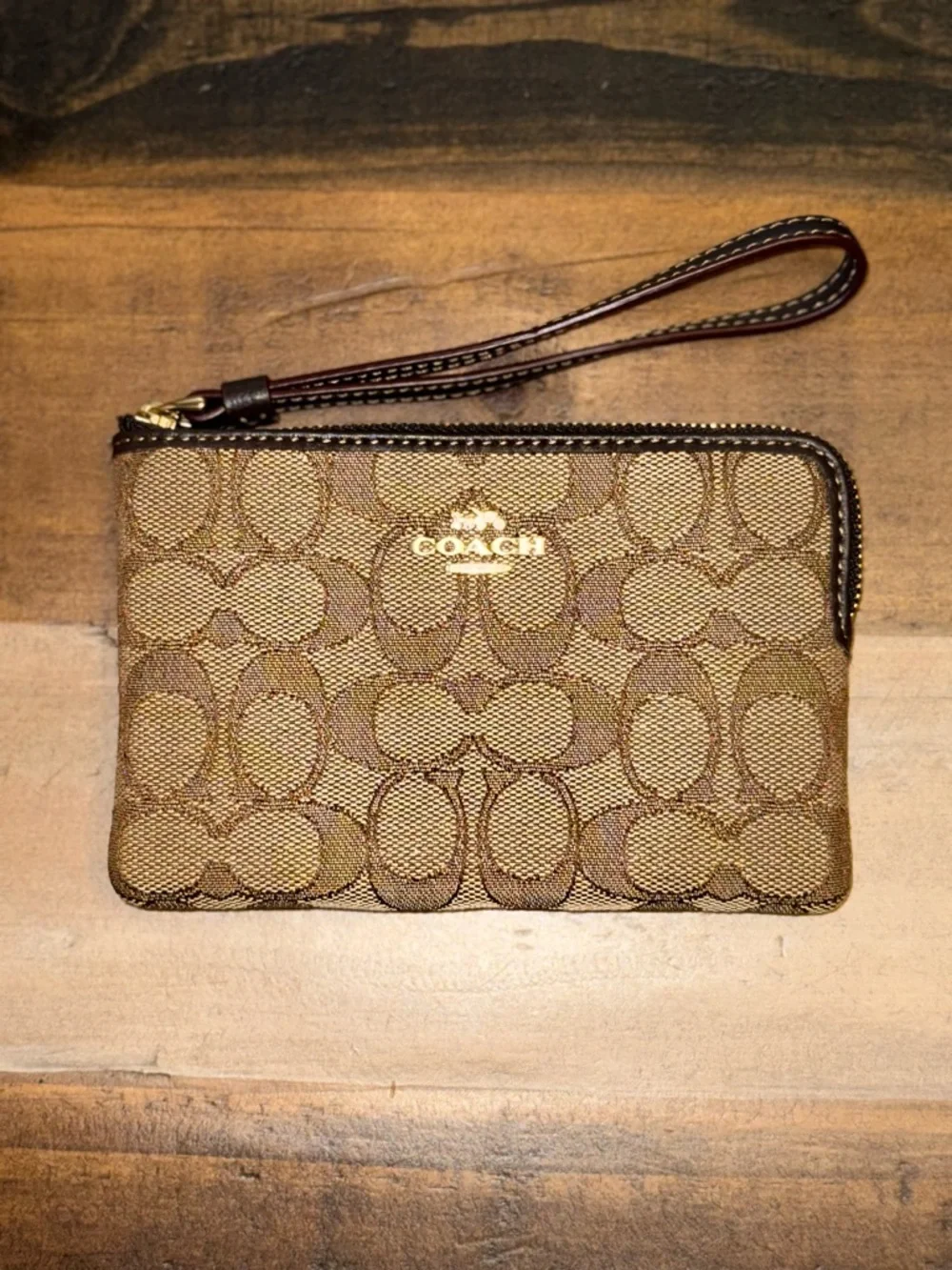 Coach Brown Wristlet Wallet with Logo and Zipper, Women's Designer Classic